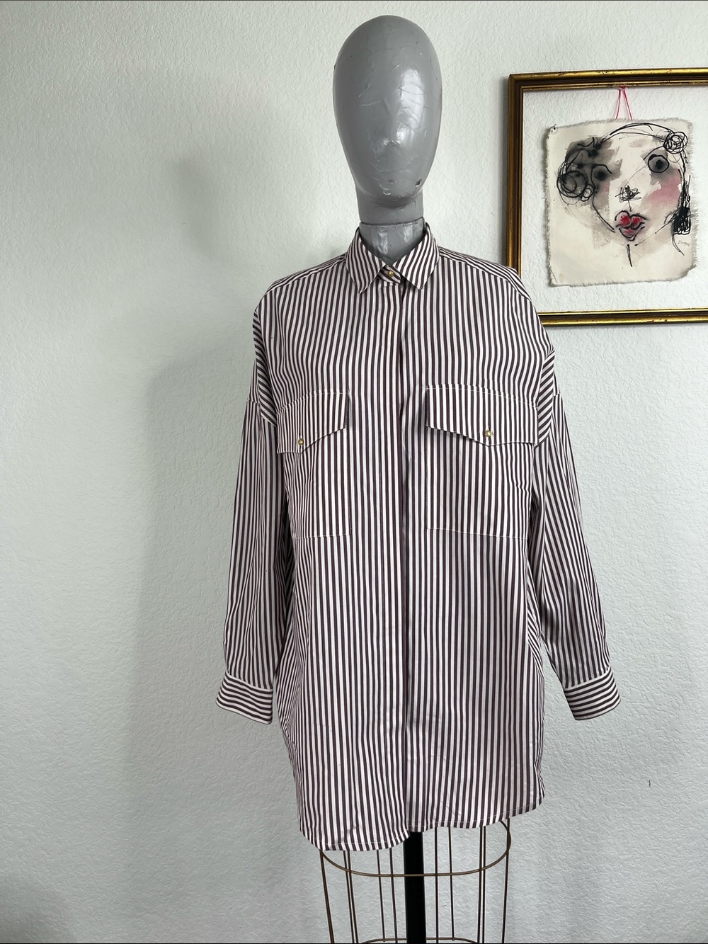 Sessun Fujico Striped Popling Button Front Flap Camper Poclets Oversized Top